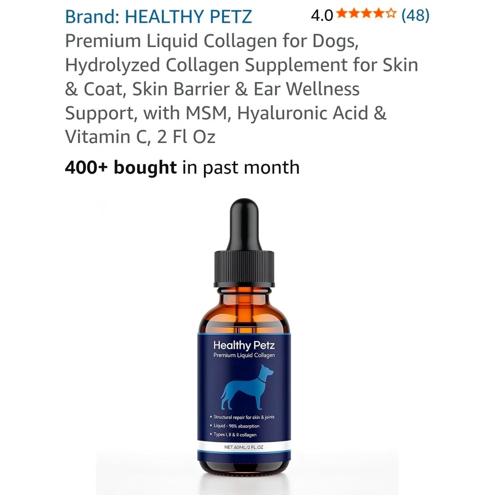 Healthy Petz Premium Liquid Collagen for Dogs Skin Coat & Joint Support 2 Fl Oz